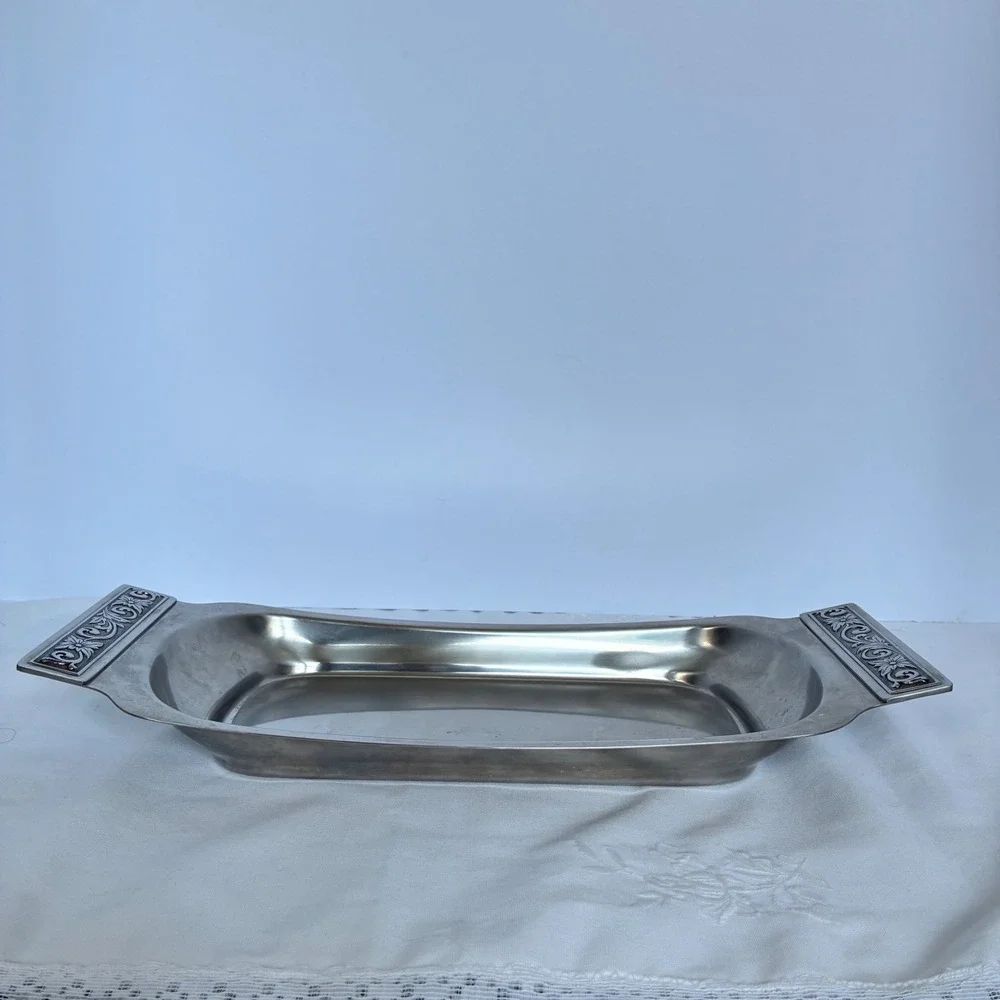 Vtg International Decorator Stainless Tray Floral Scroll Handle MCM Chic Retro